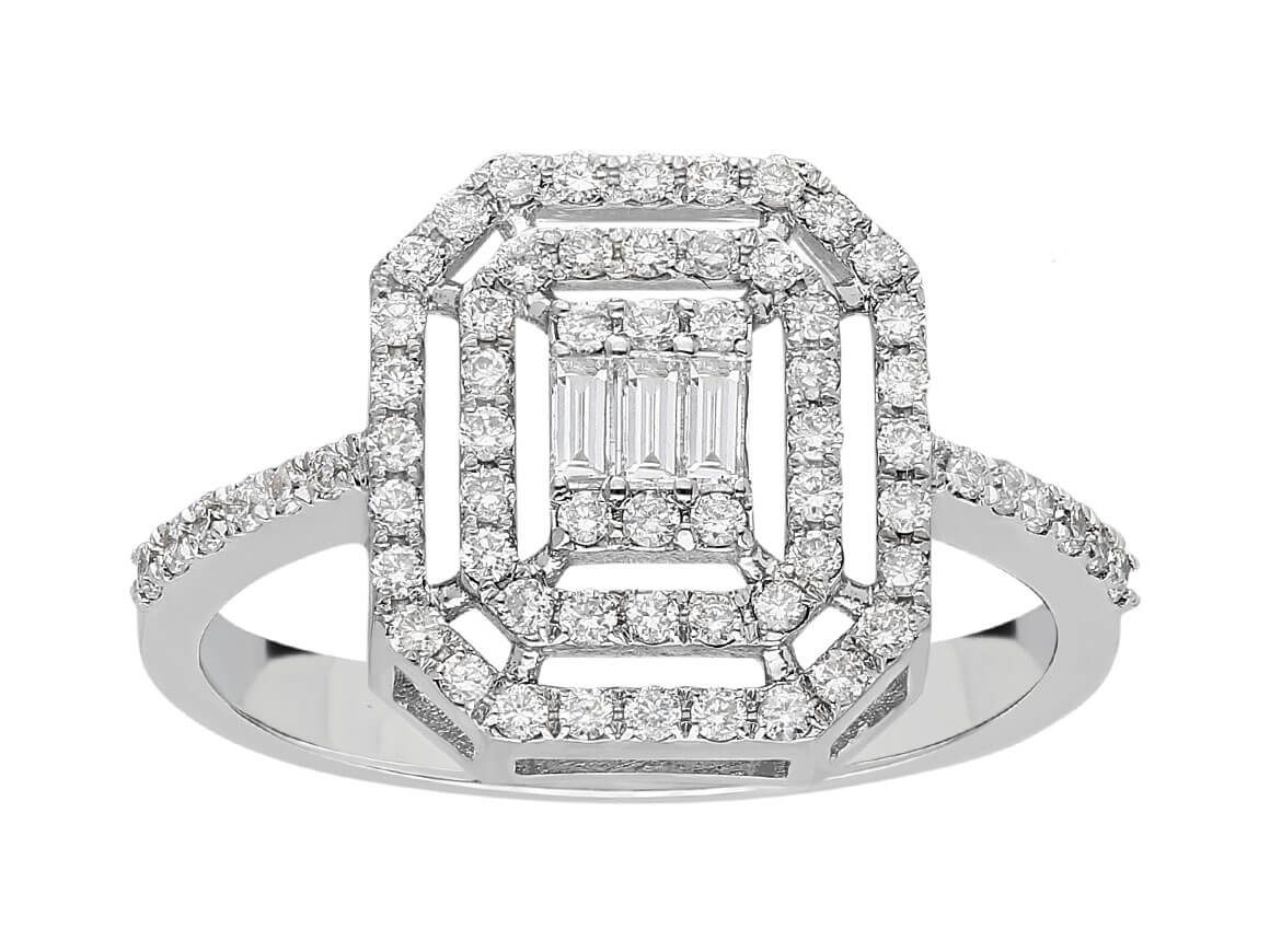 Bague en Or Blanc avec 3 diamants baguette et 66 diamants ronds – 0,43 carat – Bijoux haut de gamme de Rosy Lab Diamonds
