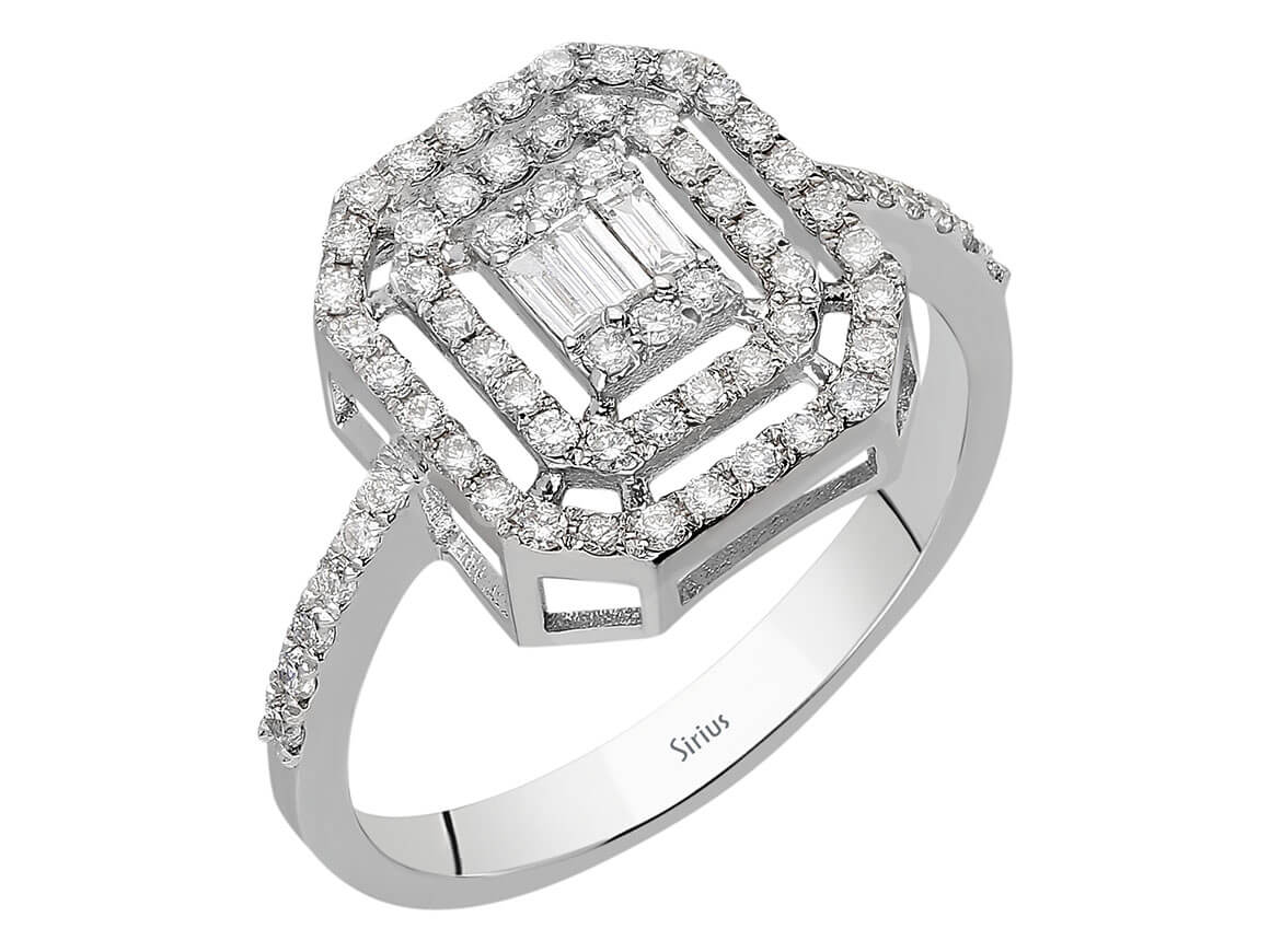 Bague en Or Blanc avec 3 diamants baguette et 66 diamants ronds – 0,43 carat – Bijoux haut de gamme de Rosy Lab Diamonds
