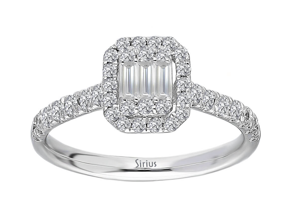 14K White Gold ring with 38 round diamonds & 3 baguette diamonds – 0.57 carats – high-quality Jewelry from Rosy Lab Diamonds