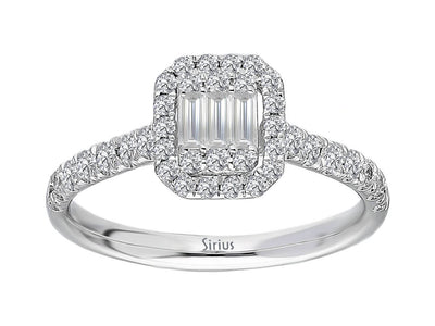 14K white gold ring with 38 round diamonds (0.44 carat) and 3 baguette diamonds (0.13 carat)