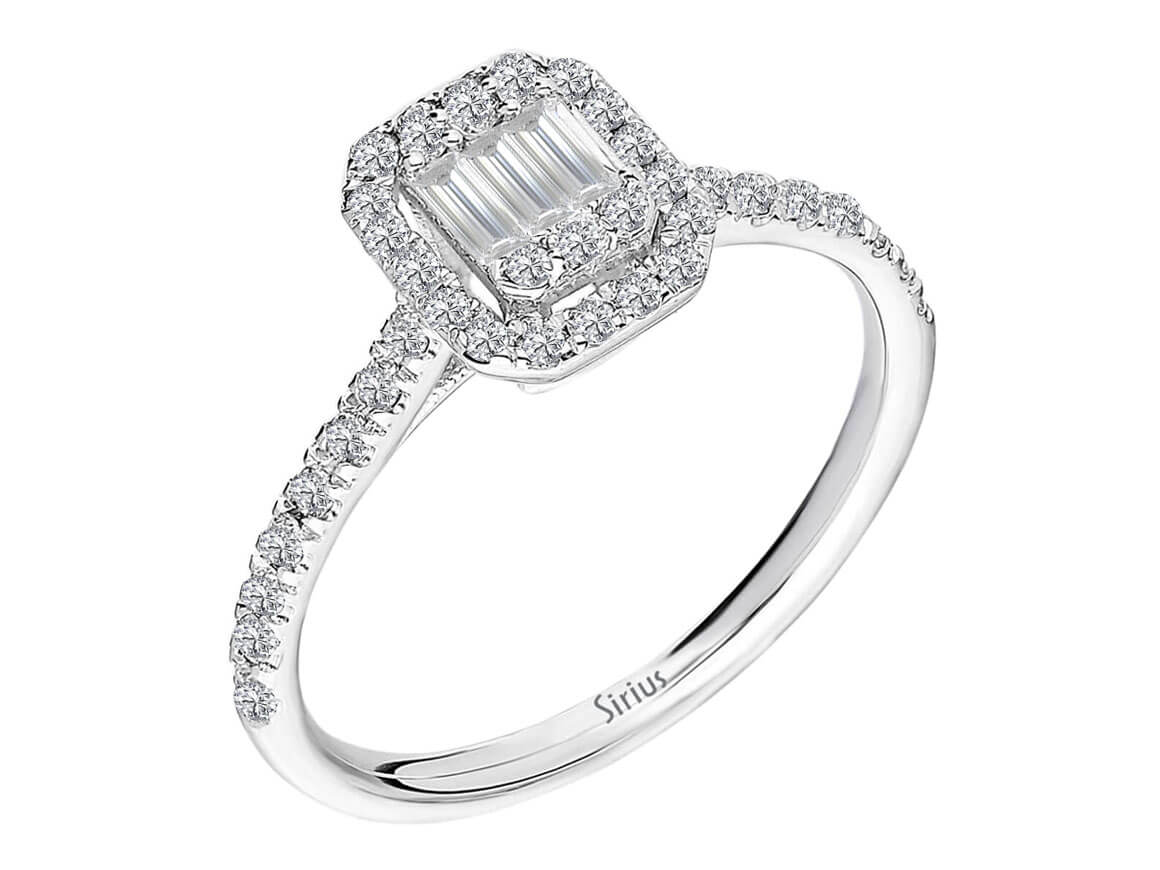 14K white gold ring with 38 round diamonds (0.44 carat) and 3 baguette diamonds (0.13 carat)