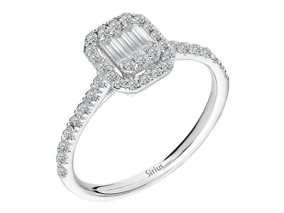 14K white gold ring with 38 round diamonds (0.44 carat) and 3 baguette diamonds (0.13 carat)