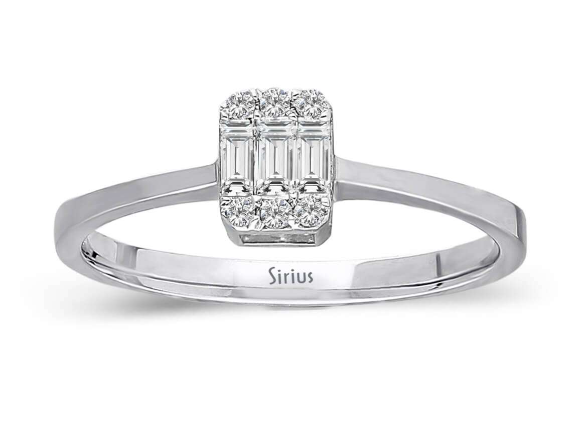 Bague en diamant élégante avec 3 diamants baguette et 6 diamants ronds - Or Blanc 8 carats - Bijoux haut de gamme de Rosy Lab Diamonds
