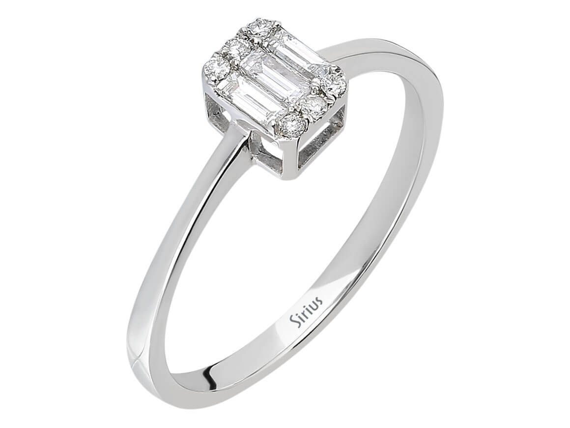 Bague en diamant élégante avec 3 diamants baguette et 6 diamants ronds - Or Blanc 8 carats - Bijoux haut de gamme de Rosy Lab Diamonds