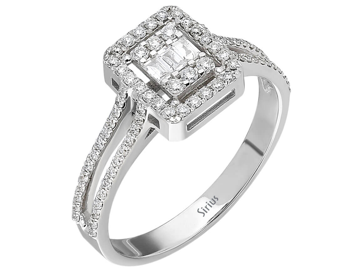 14K white gold ring with 86 round diamonds (0.35 carat) and 3 baguette diamonds (0.07 carat)