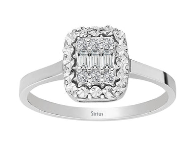 Refined laboratory diamond ring with round and baguette cut in 8 karat white gold