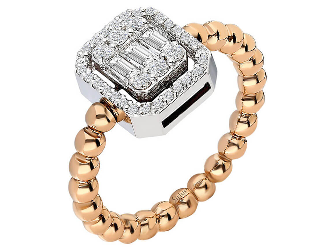 Bague en diamant avec taille baguette et bracelet à billes – or rose 14 carats et or blanc