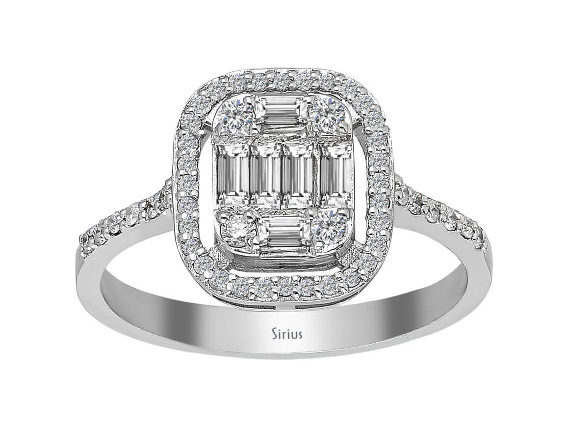 Bague baguette diamant luxueuse avec pavé – or blanc 14 carats