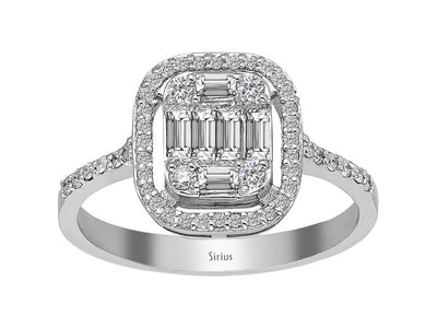Bague baguette diamant luxueuse avec pavé – or blanc 14 carats