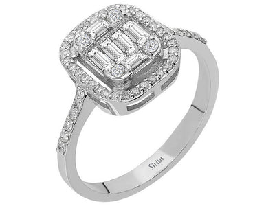 Bague baguette diamant luxueuse avec pavé – or blanc 14 carats
