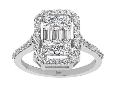 Bague luxueuse avec diamants baguette et ronds en or blanc 14K