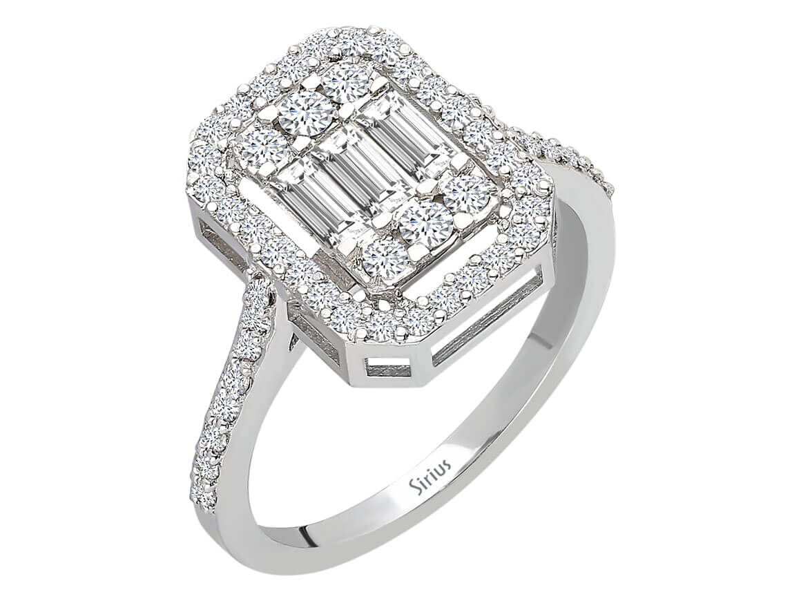 Bague luxueuse avec diamants baguette et ronds en or blanc 14K