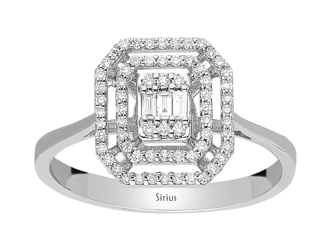 Bague géométrique en diamant avec taille baguette et taille ronde en or 14 carats