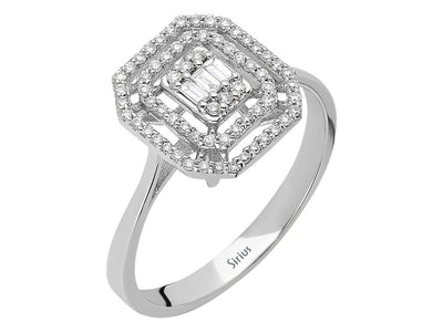 Bague géométrique en diamant avec taille baguette et taille ronde en or 14 carats