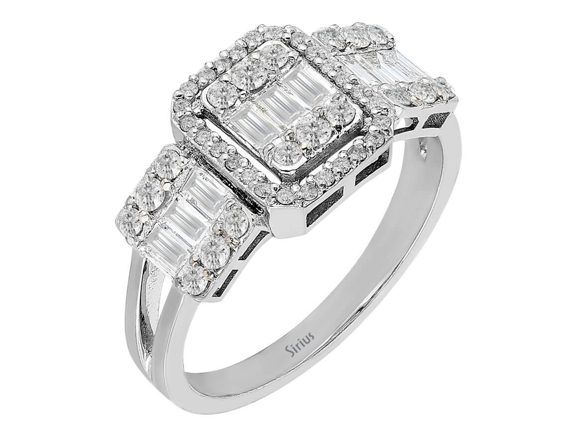 Triple row ring with baguette and round cut lab diamonds – 14K white gold