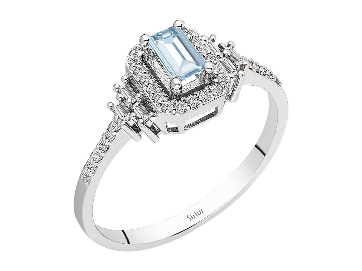 Sky Blue Topas Ring mit Baget-Diamanten - 14K Weißgold - 0,25 ct - hochwertiger Schmuck von Rosy Lab Diamonds