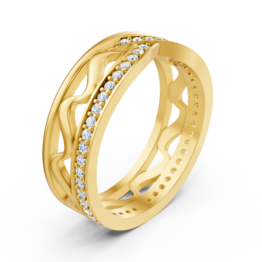 Delicate yellow gold ring with wave structure and 48 lab-cut diamonds
