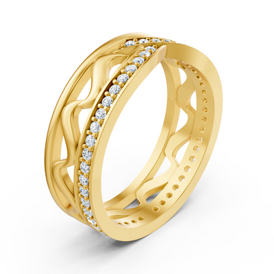 Delicate yellow gold ring with wave structure and 48 lab-cut diamonds