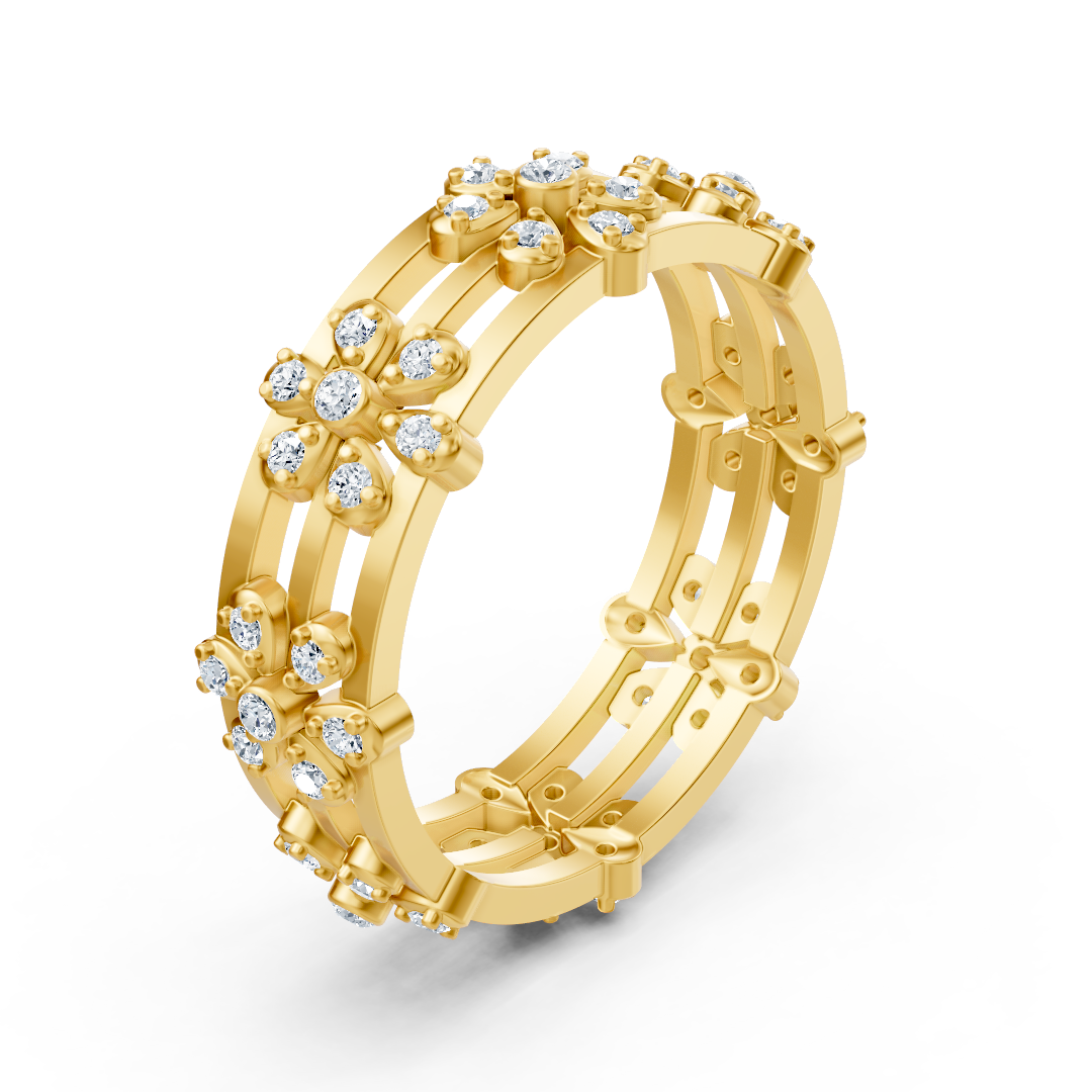 Bague en or jaune avec structure florale et diamants de laboratoire