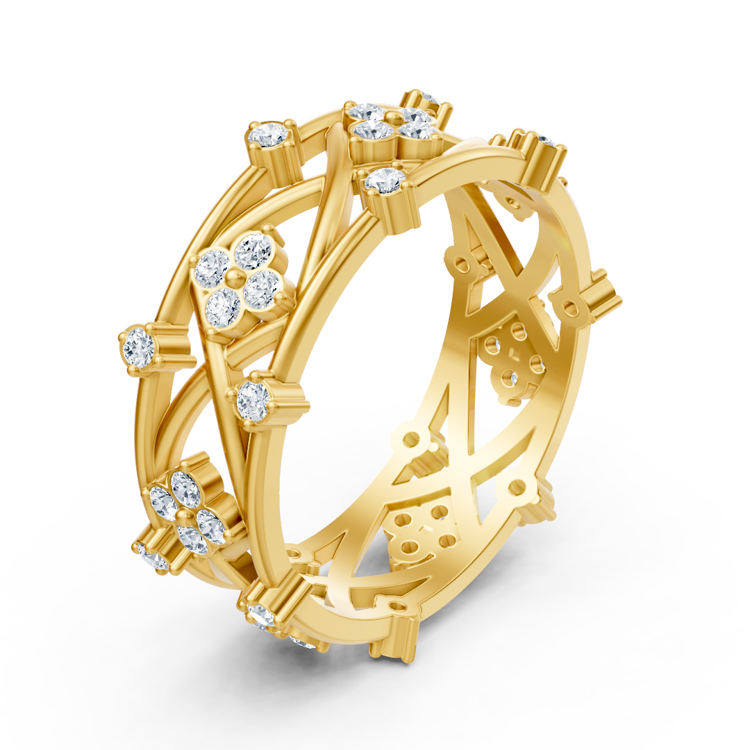 خاتم مزين بنقوش زهرية من ذهب أصفر عيار 14 قيراطًا مع 42 ماسة مخبرية - مجوهرات فاخرة من Rosy Lab Diamonds