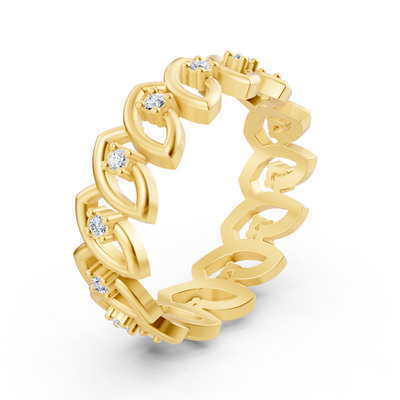 Solitaire yellow gold ring made of 14K with 14 lab diamonds in leaf shape