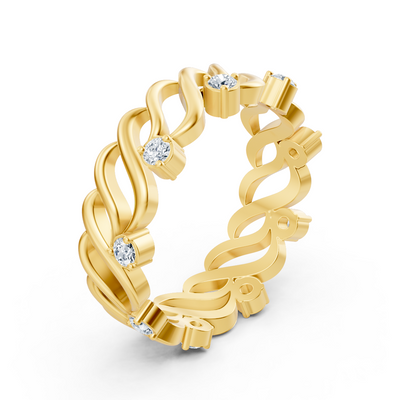 Yellow gold ring with wave texture and lab diamonds