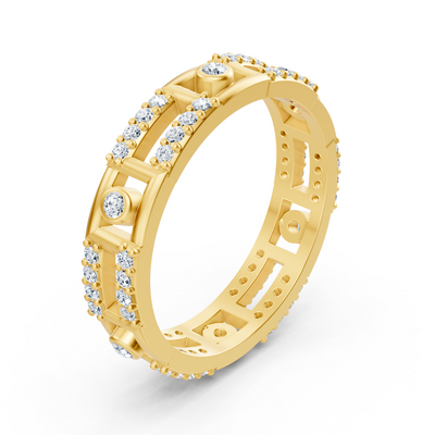 Yellow gold ring with lab diamonds and geometric pattern