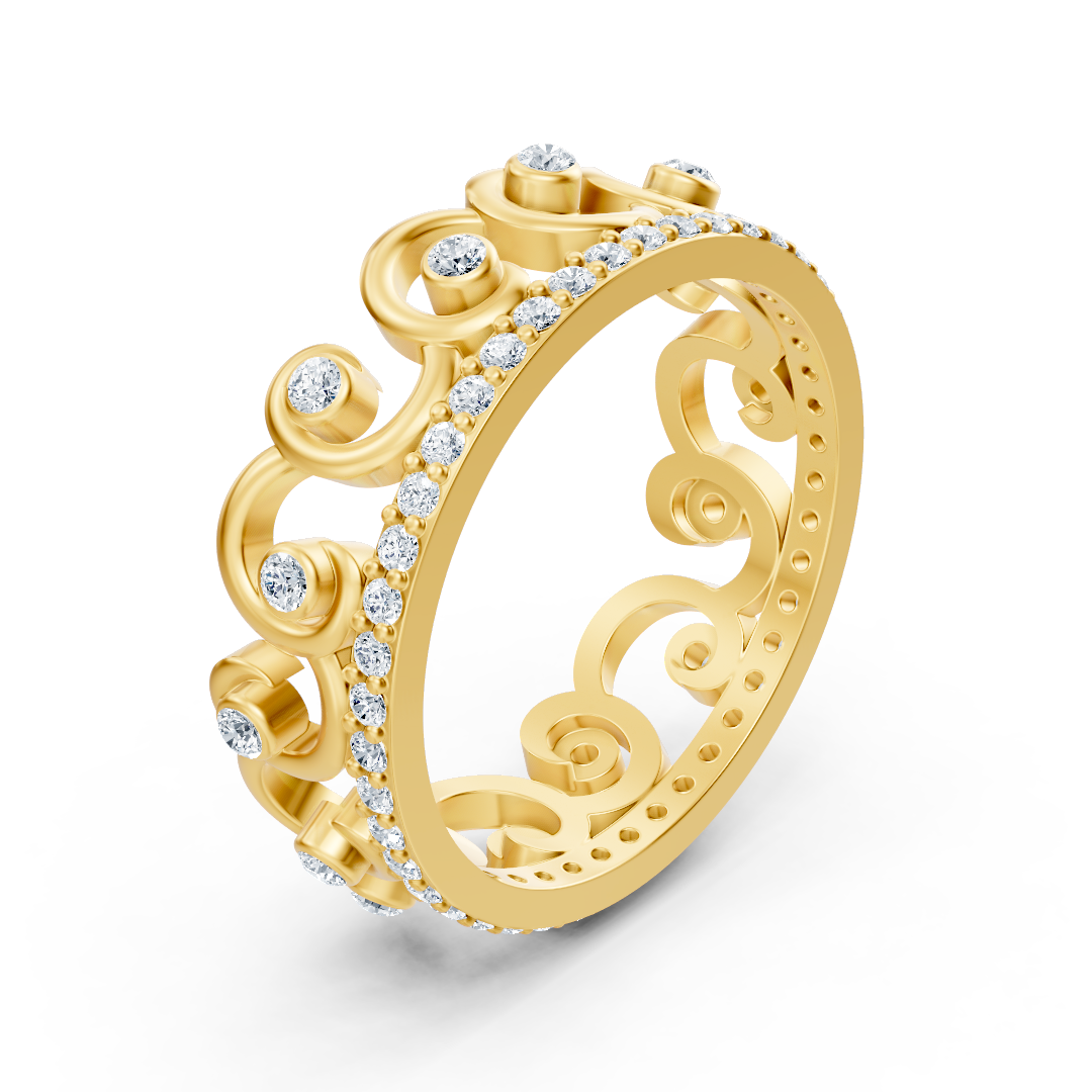 Yellow gold ring with playful ornamental pattern and lab diamonds