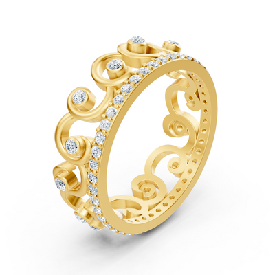 Yellow gold ring with playful ornamental pattern and lab diamonds