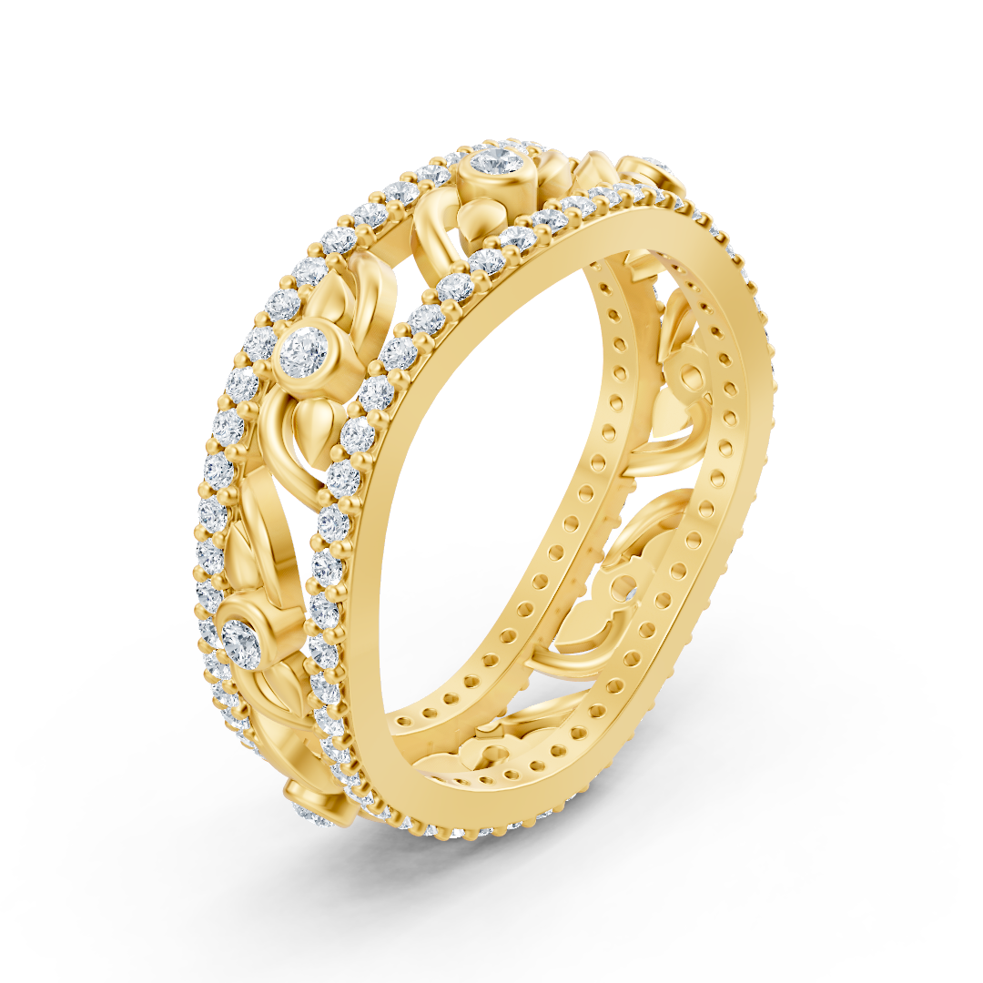 Yellow gold ring with floral elements and lab diamonds