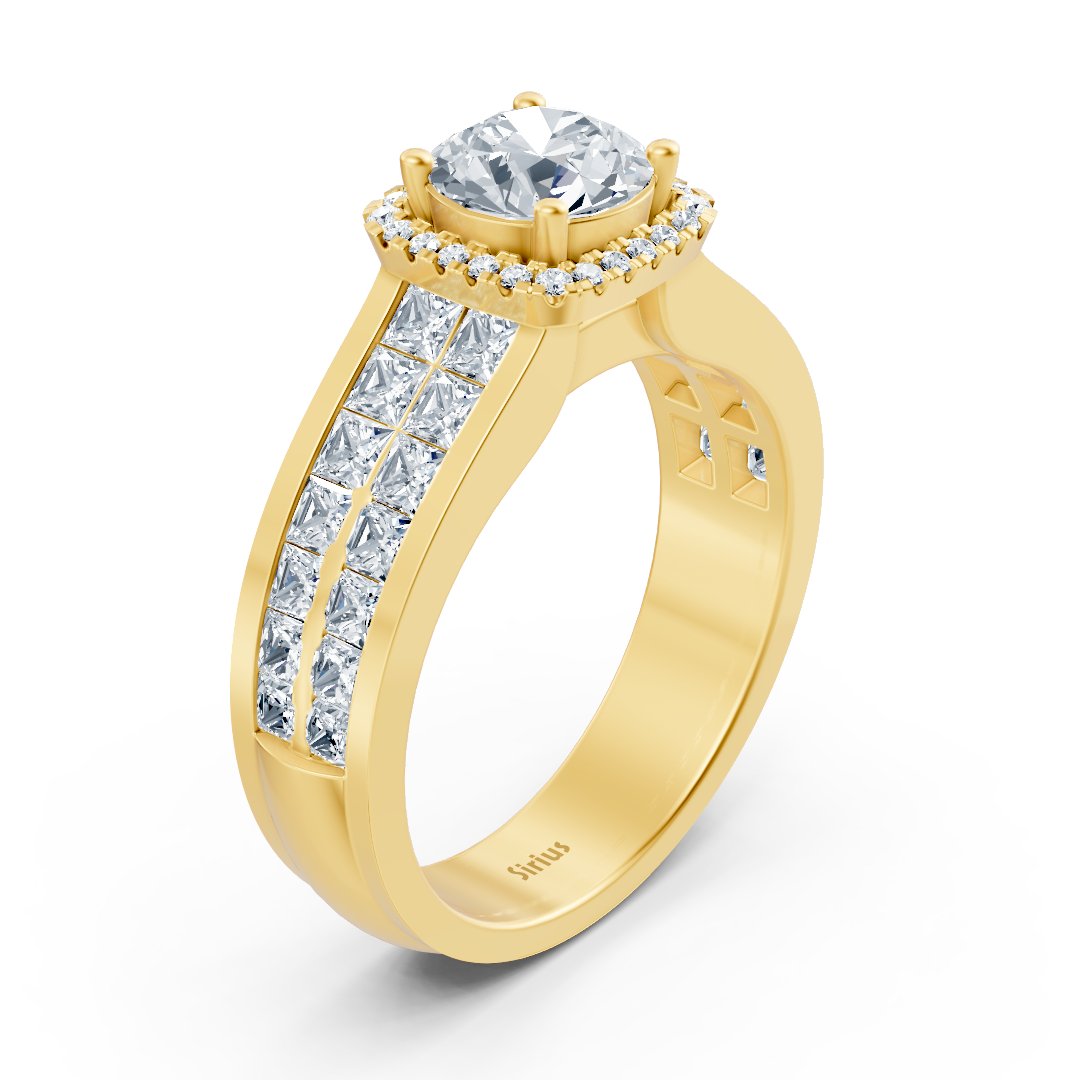 Elegant yellow gold ring with a princess-cut halo lab-grown diamond - high-quality Jewelry from Rosy Lab Diamonds