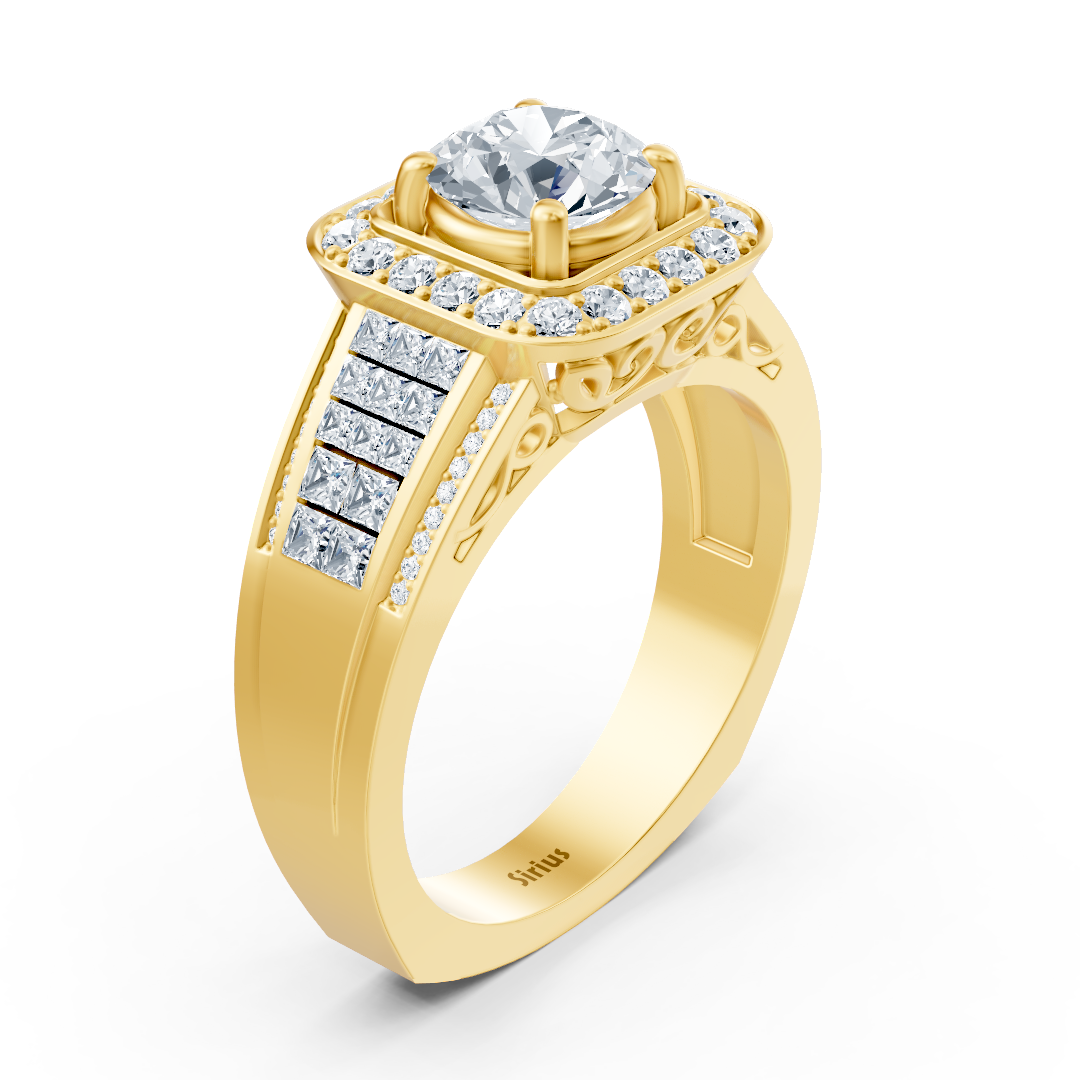 Majestic yellow gold ring with princess cut and square halo setting