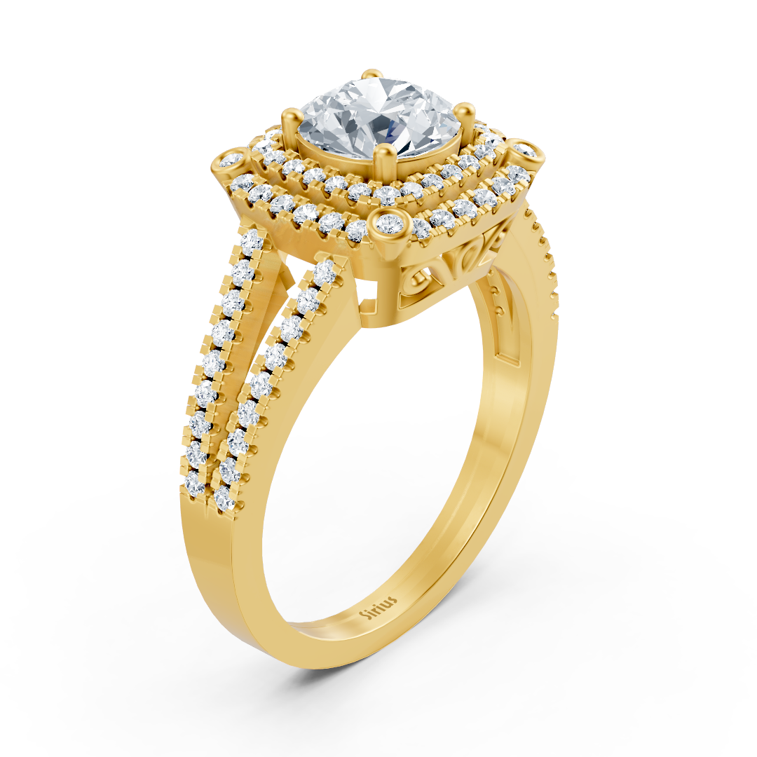 Gelbgold-Ring mit Doppel-Halo und Weißtopas - Laborgezüchtete Diamanten - hochwertiger Schmuck von Rosy Lab Diamonds