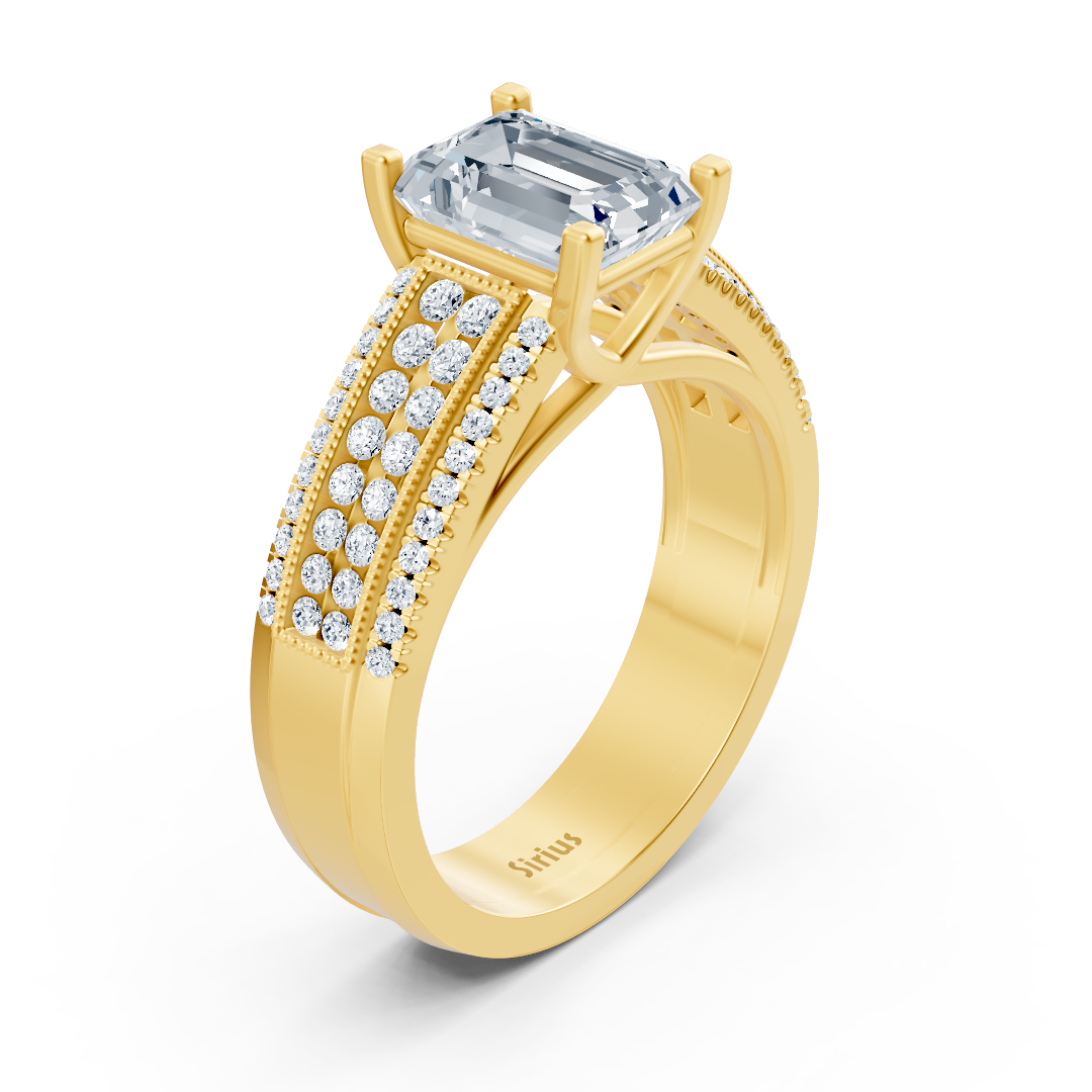 Yellow Gold ring with octagonal white topaz & lab-grown diamonds - wide pavé band - high-quality Jewelry by Rosy Lab Diamonds