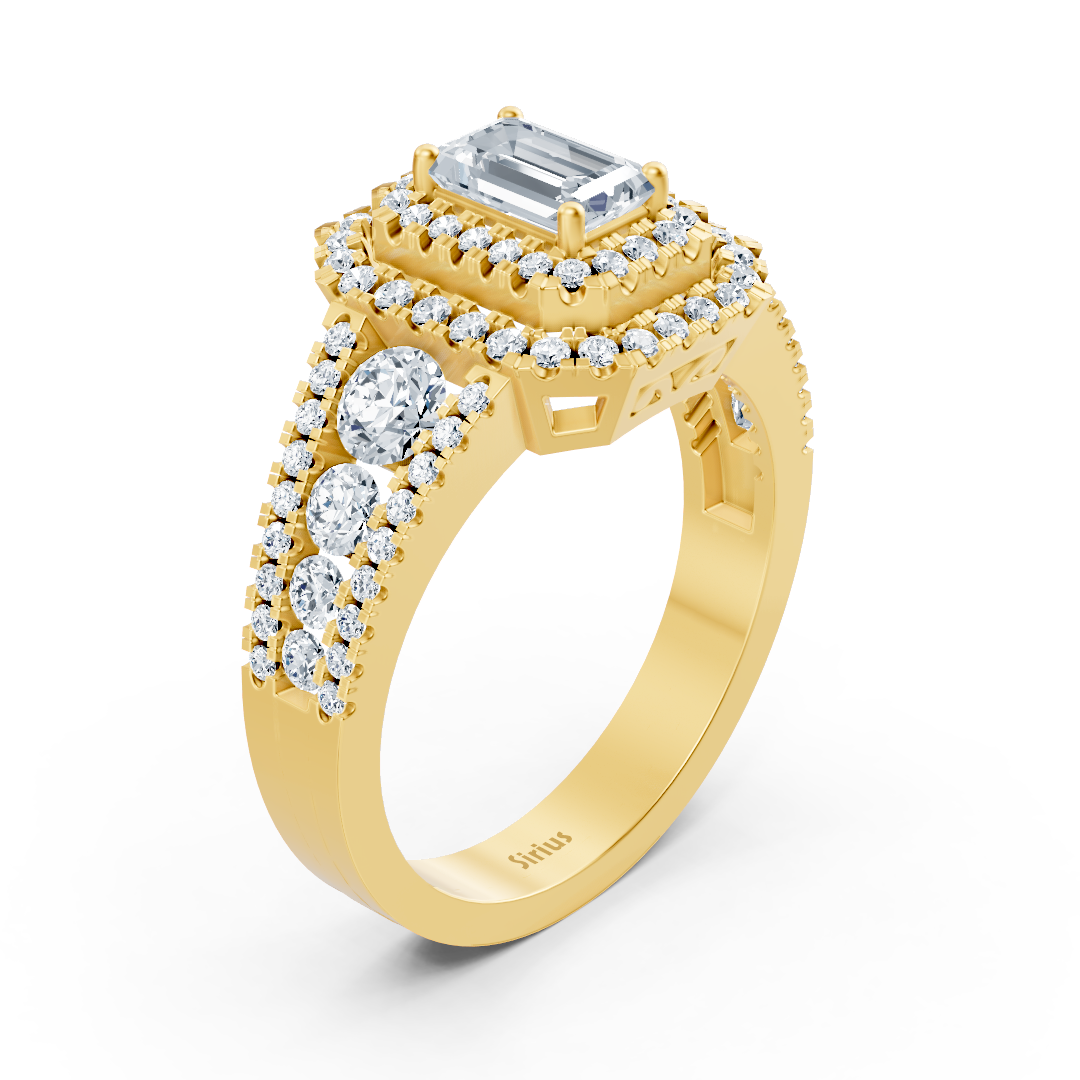 Glanzvoller Gelbgoldring mit Saphir und Diamanten im Emerald-Schliff - hochwertiger Schmuck von Rosy Lab Diamonds