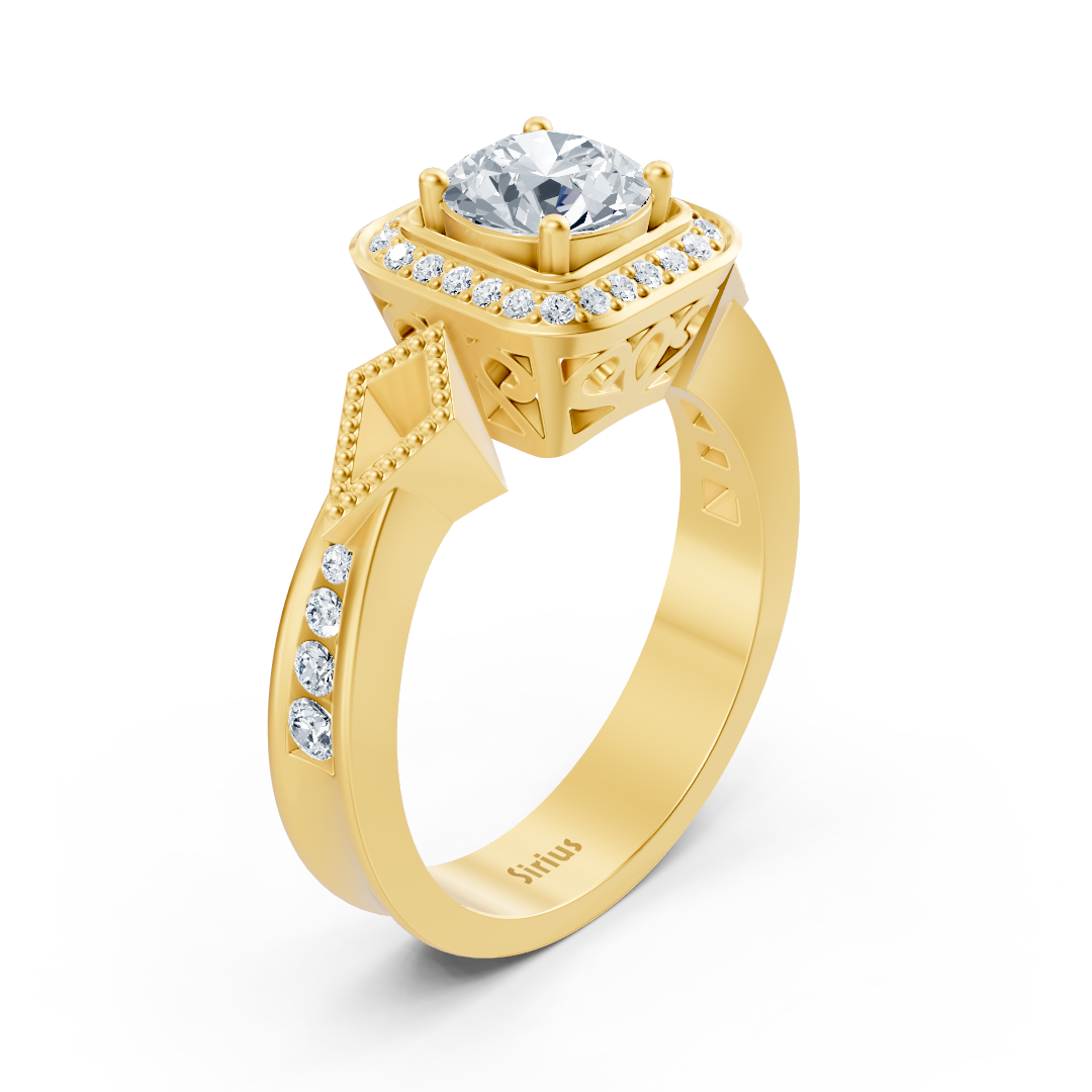 Stylish yellow gold ring with diamond and architectural design