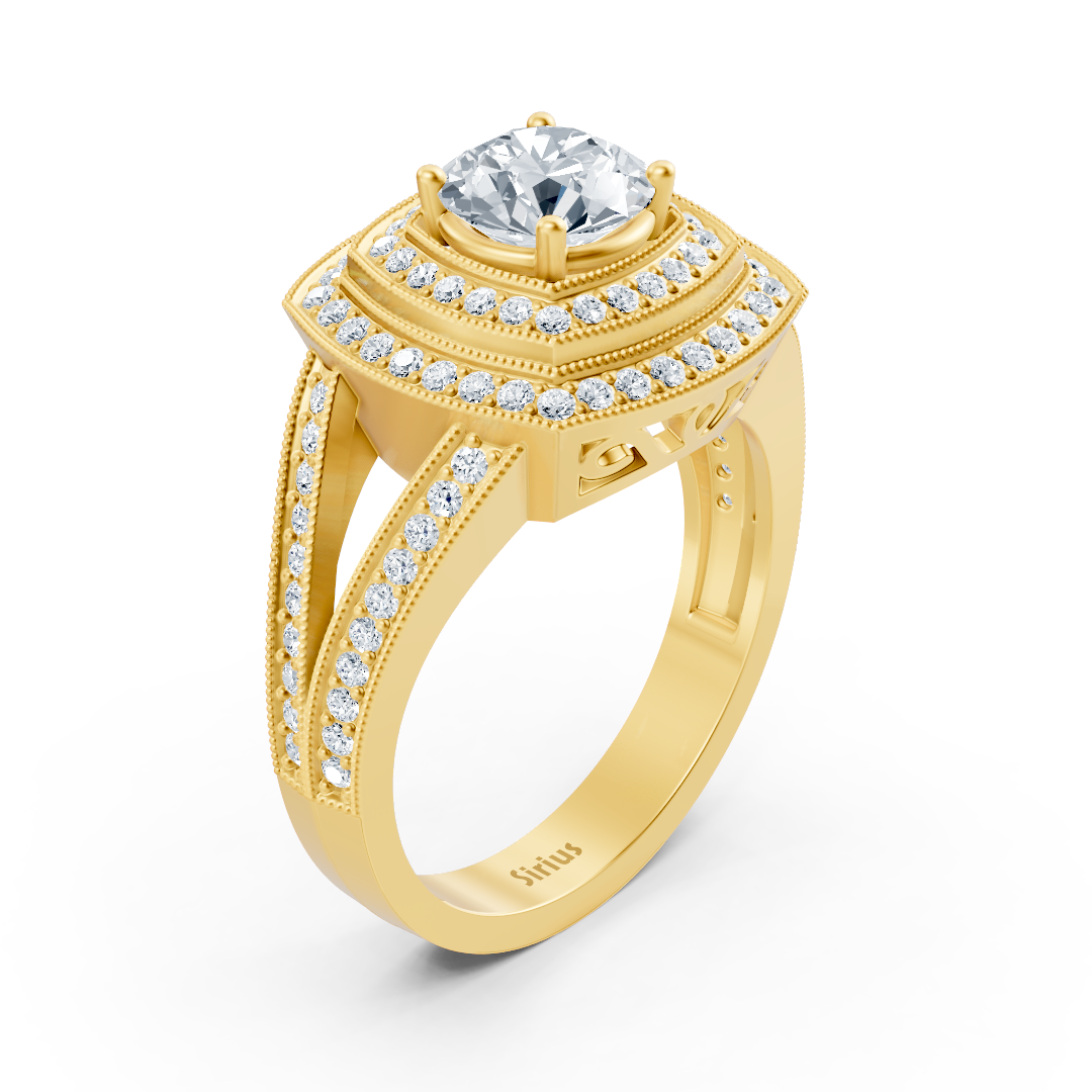 Magnifique bague halo en Or Jaune avec topaze blanche et diamants de laboratoire – Bijoux haut de gamme de Rosy Lab Diamonds