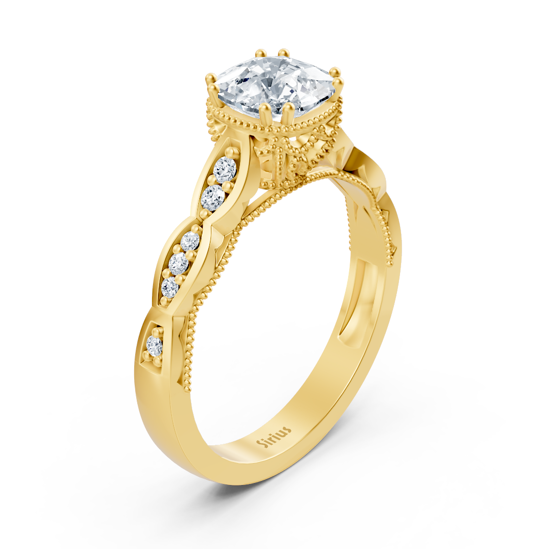 Gelbgold-Ring mit Cushion-Weißtopas und verspieltem Diamantbesatz - hochwertiger Schmuck von Rosy Lab Diamonds