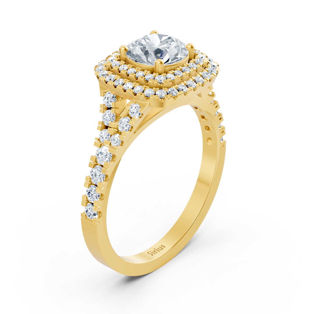 Yellow gold ring with double diamond halo and 1 ct white topaz 