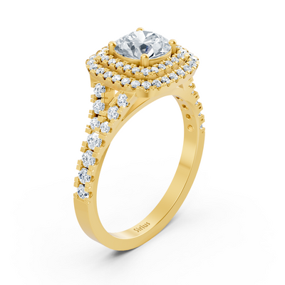 Yellow gold ring with double diamond halo and 1 ct white topaz 