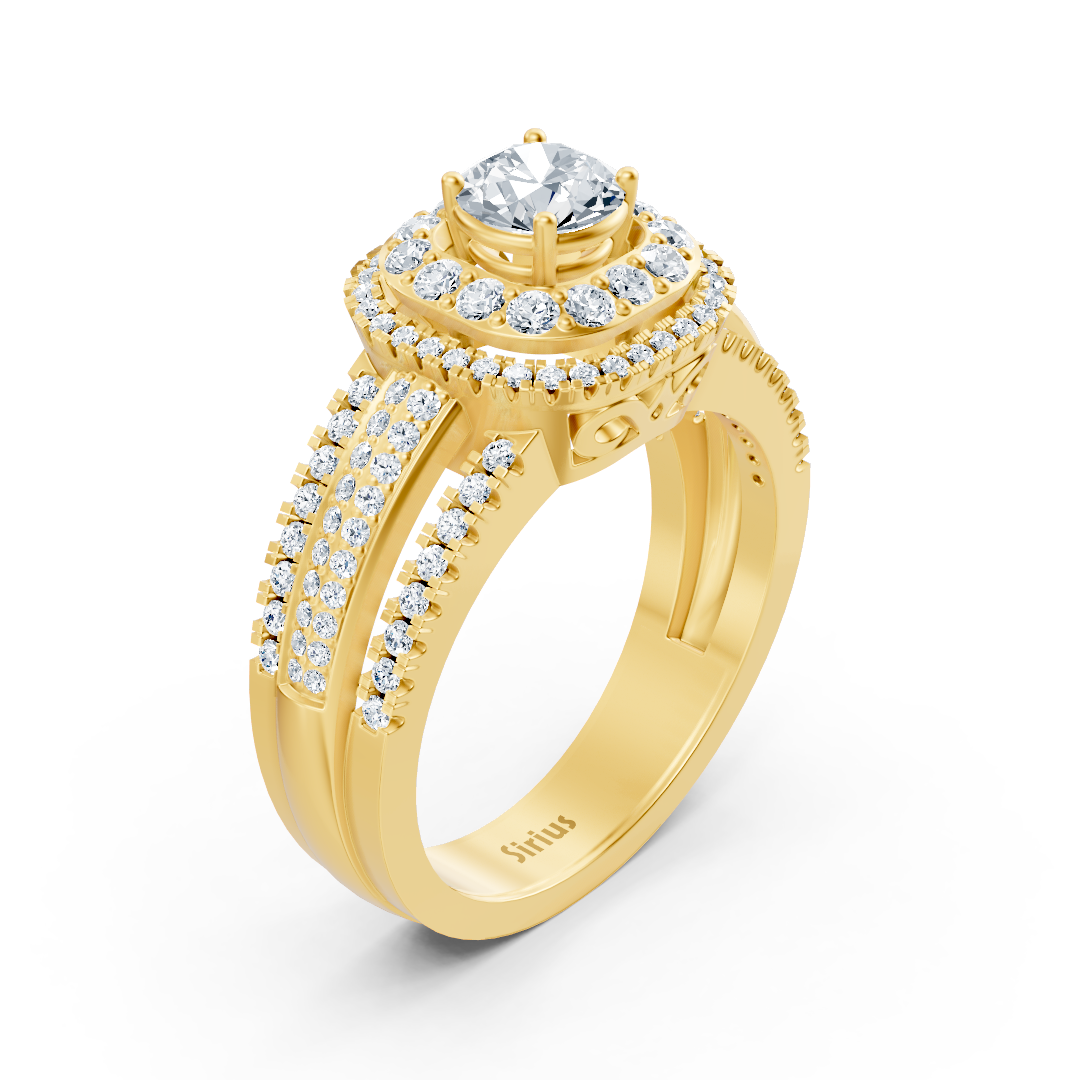 Yellow Gold ring with 1.09 ct lab-grown diamonds and a double halo – high-quality Jewelry by Rosy Lab Diamonds