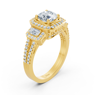 Bague luxueuse en or jaune avec diamant rond & topaze taille émeraude