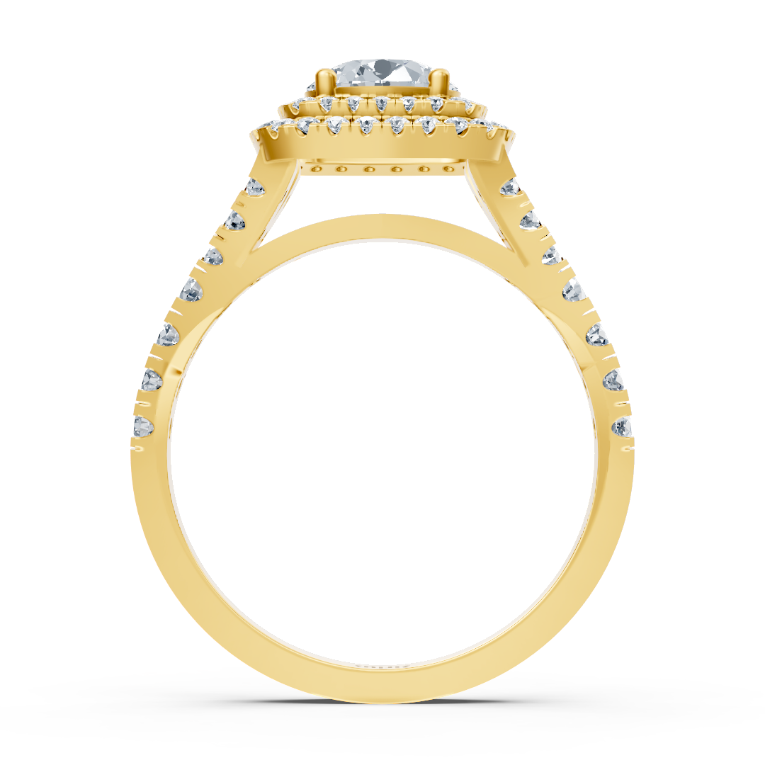 Yellow gold ring with double diamond halo and 1 ct white topaz 