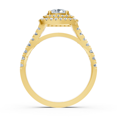 Yellow gold ring with double diamond halo and 1 ct white topaz 