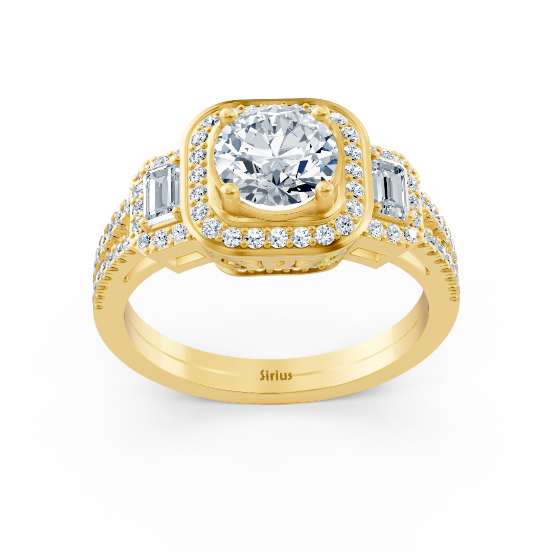 Bague luxueuse en or jaune avec diamant rond & topaze taille émeraude