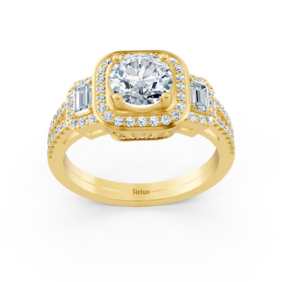 Bague luxueuse en or jaune avec diamant rond & topaze taille émeraude