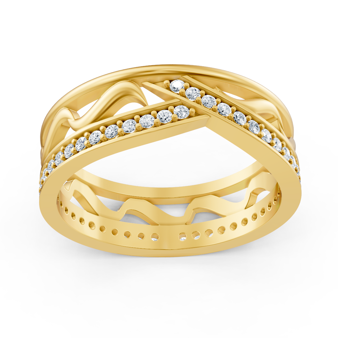 Delicate yellow gold ring with wave structure and 48 lab-cut diamonds