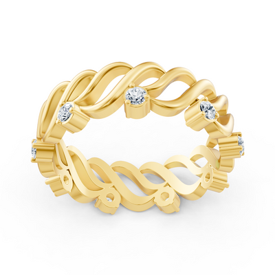 Yellow gold ring with wave texture and lab diamonds