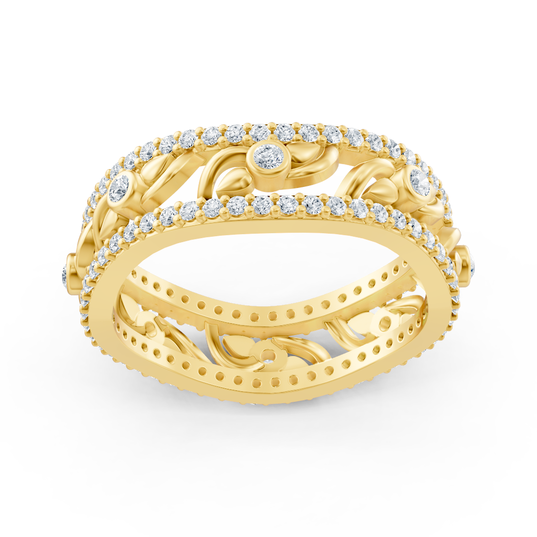 Yellow gold ring with floral elements and lab diamonds