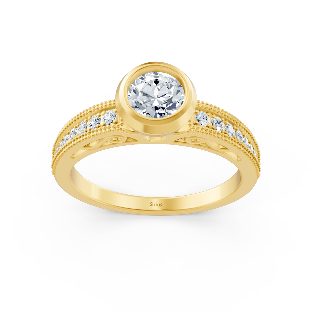 Yellow Gold bezel ring with ornamental details and lab-grown diamond - high-quality Jewelry from Rosy Lab Diamonds